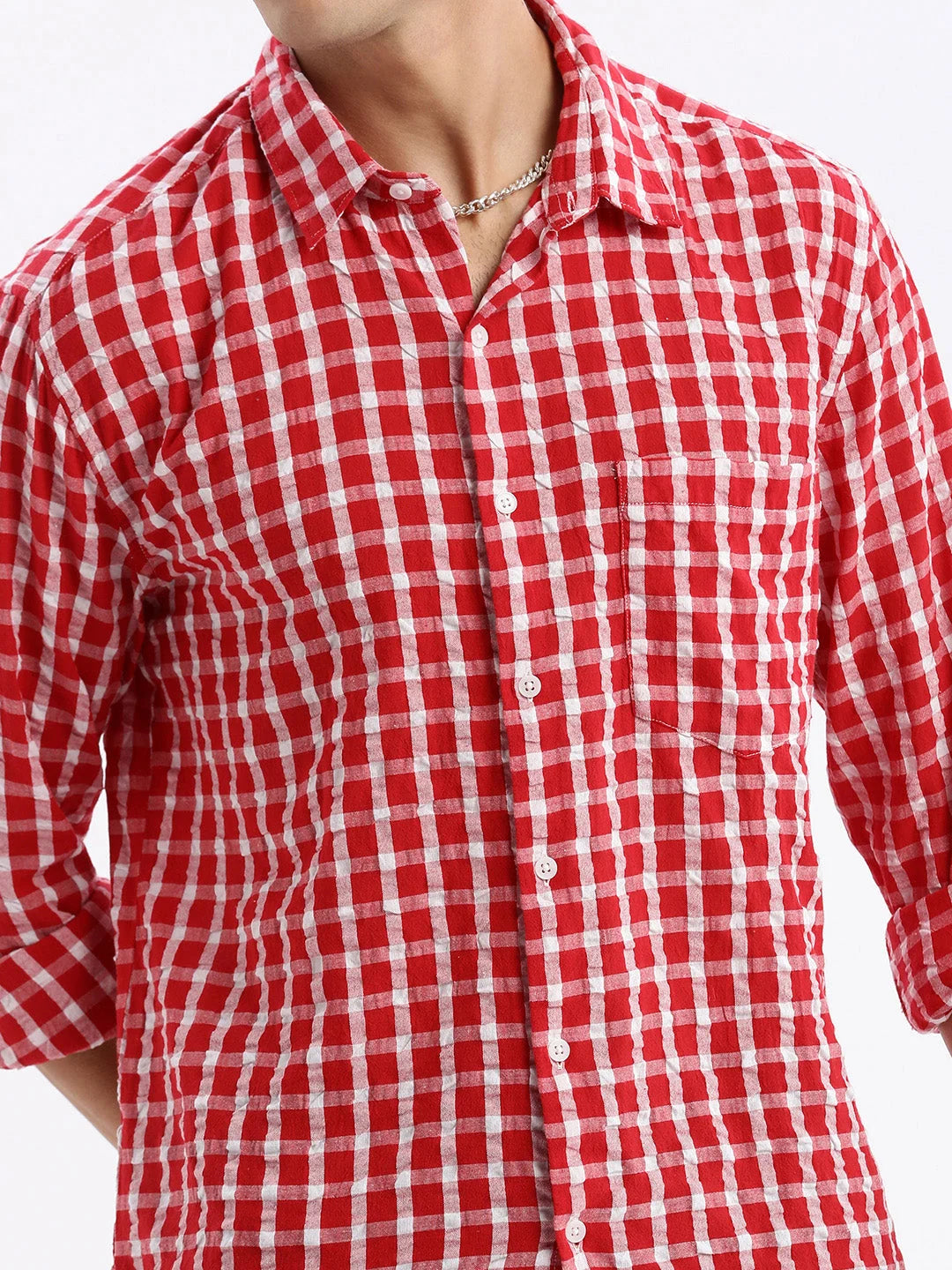 Men's Red Checked Shirt - Slim Fit Cotton Mens Shirt