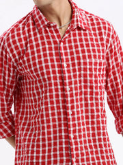 Men Spread Collar Checked Slim Fit Red Shirt-Lewis-2528-Red