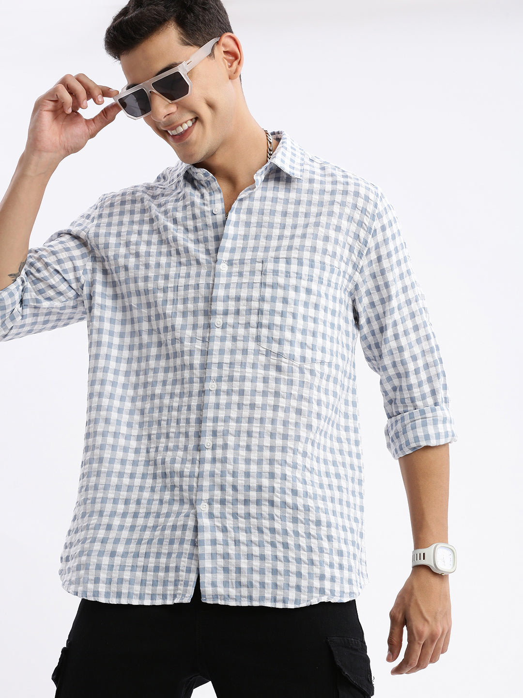 Men's Grey Checked Shirt - Slim Fit Cotton Printed Shirt