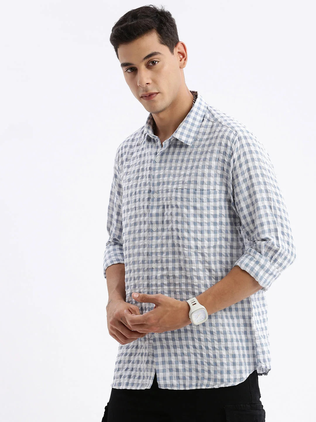 Men's Grey Checked Shirt - Slim Fit Cotton Printed Shirt