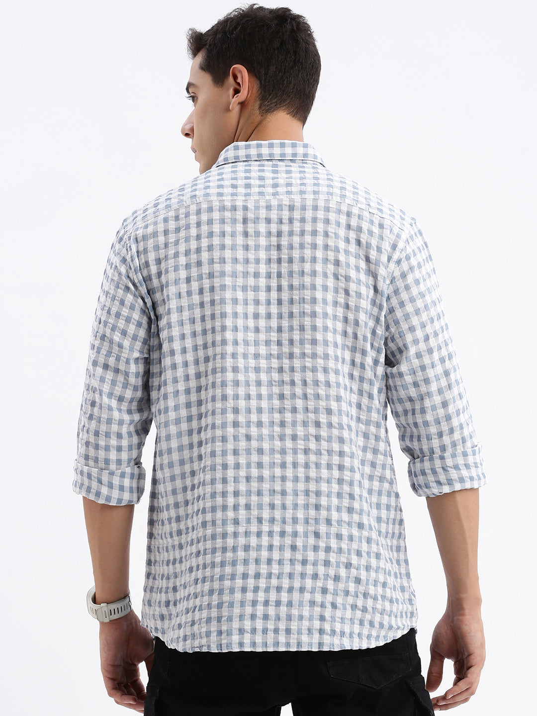 Men's Grey Checked Shirt - Slim Fit Cotton Printed Shirt