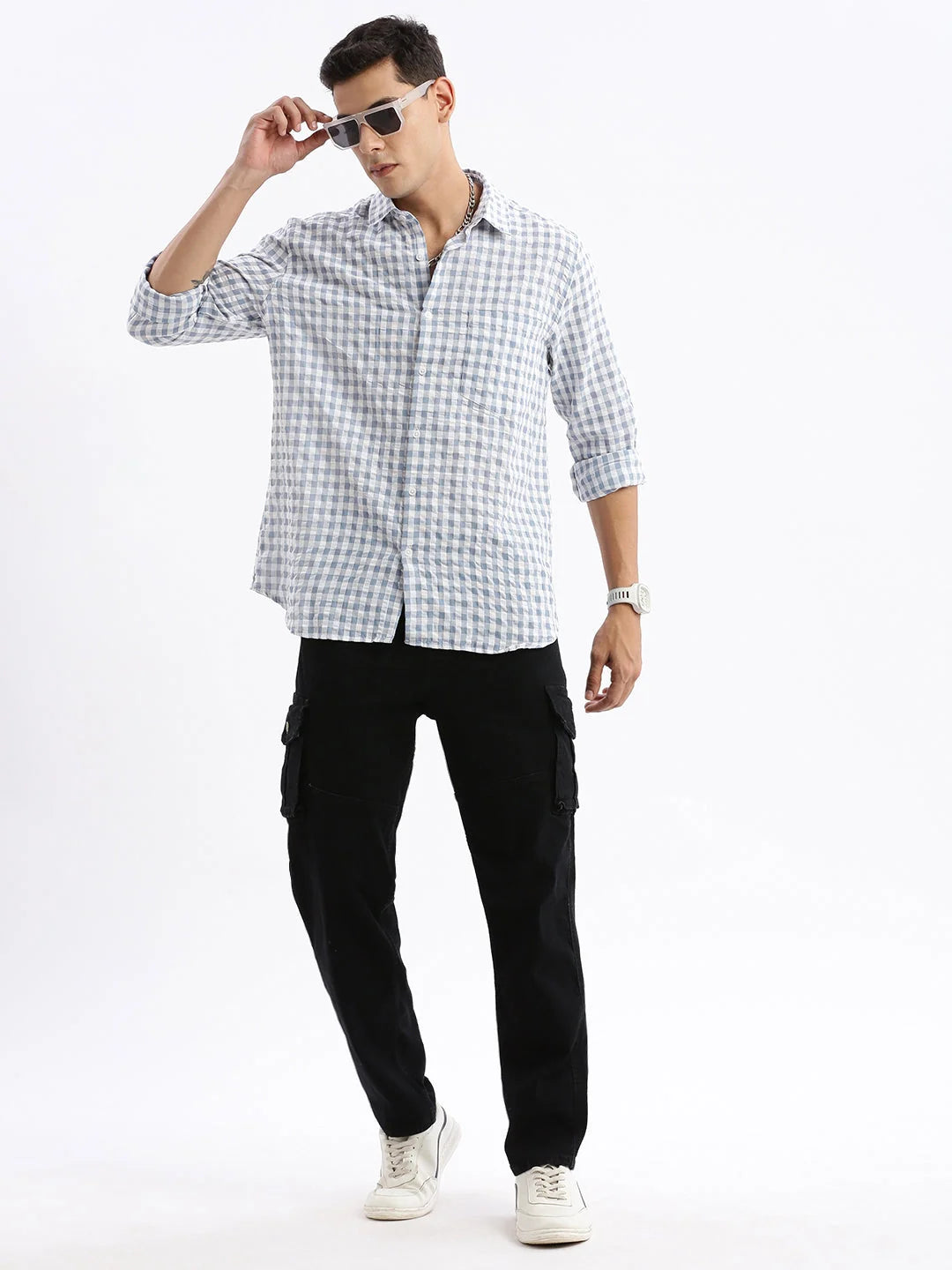 Men's Grey Checked Shirt - Slim Fit Cotton Printed Shirt