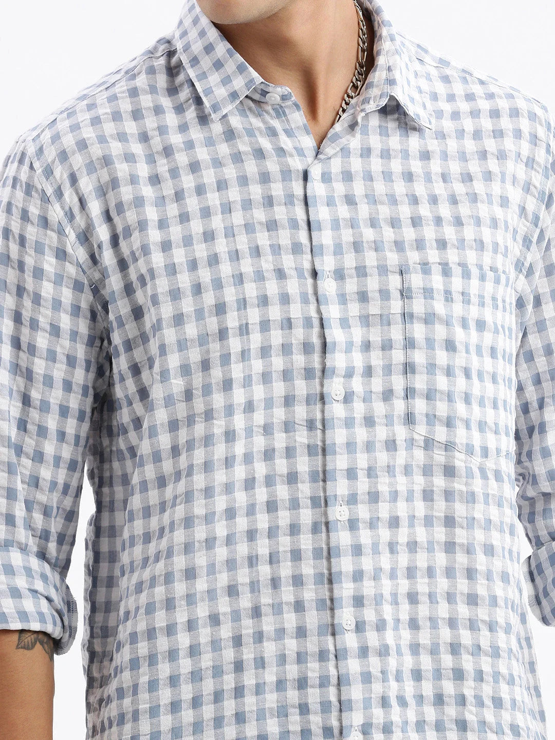 Men's Grey Checked Shirt - Slim Fit Cotton Printed Shirt