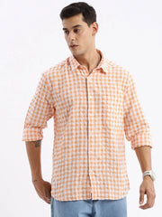 Men Spread Collar Checked Slim Fit Orange Shirt-Lewis-2534-Orange