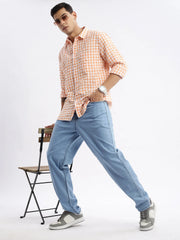 Men Spread Collar Checked Slim Fit Orange Shirt-Lewis-2534-Orange