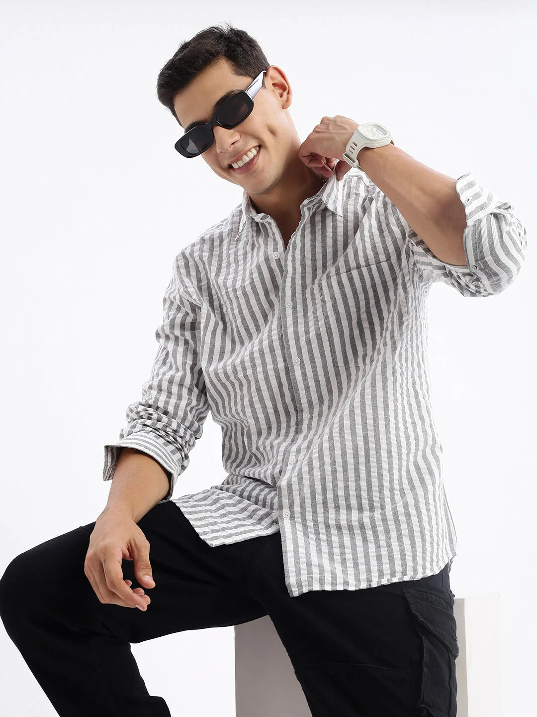 Men's Striped Formal Shirts - Grey Cotton Slim Fit Shirt