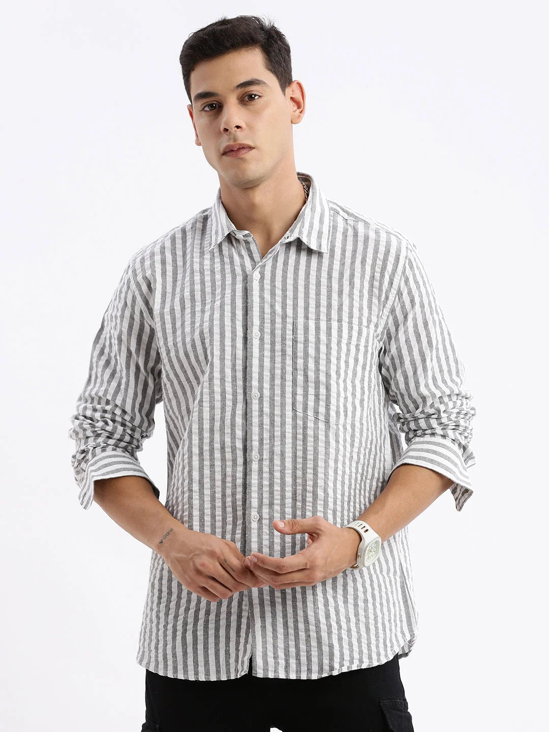 Men's Striped Formal Shirts - Grey Cotton Slim Fit Shirt