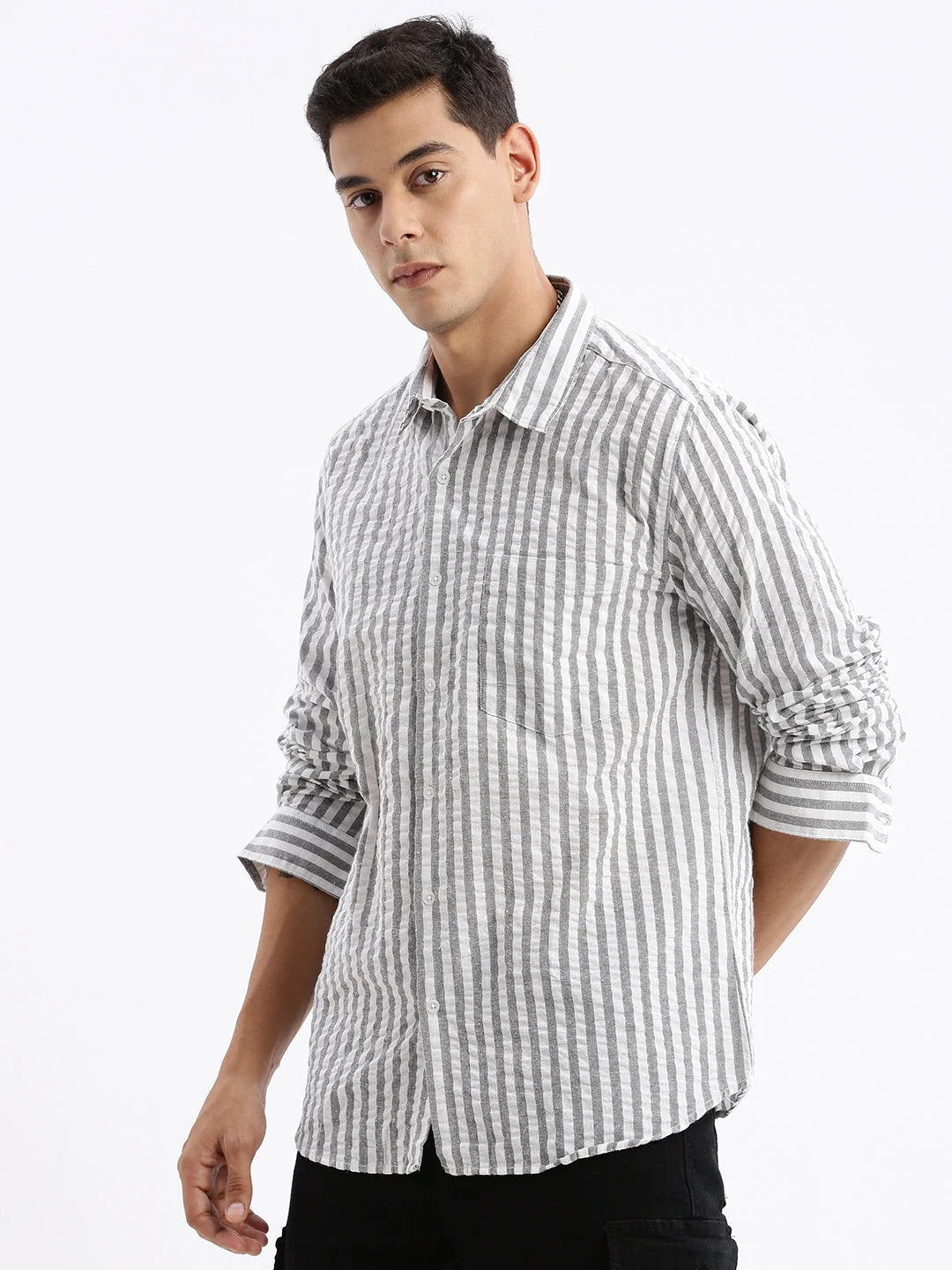 Men's Striped Formal Shirts - Grey Cotton Slim Fit Shirt