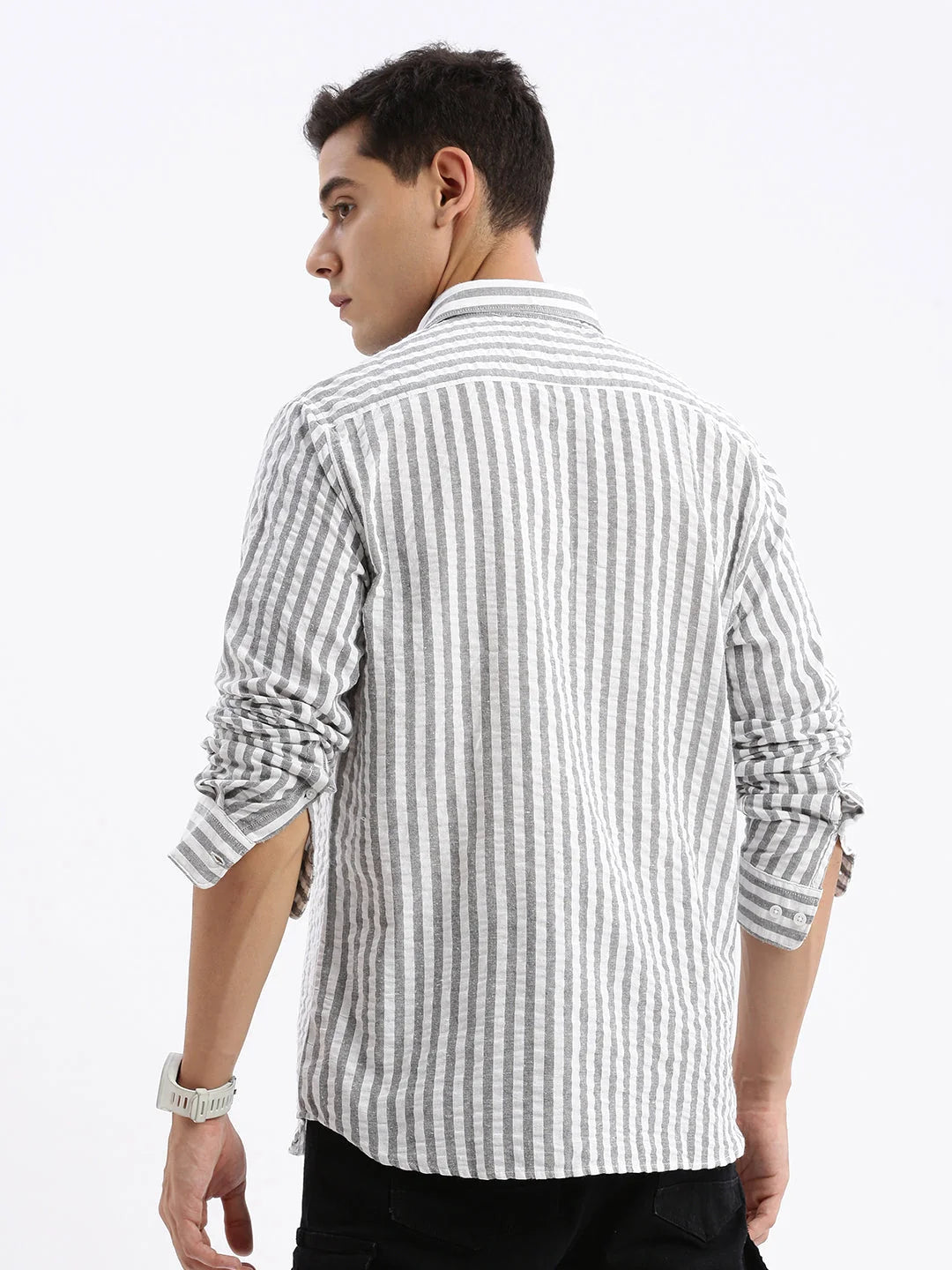 Men's Striped Formal Shirts - Grey Cotton Slim Fit Shirt