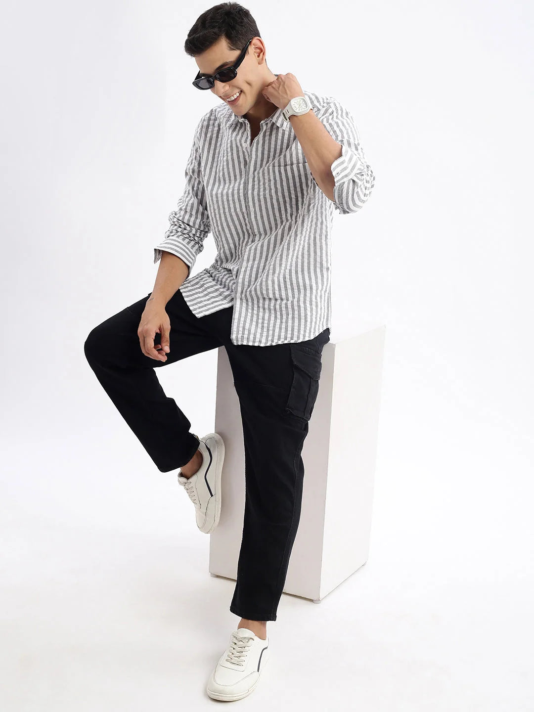 Men's Striped Formal Shirts - Grey Cotton Slim Fit Shirt