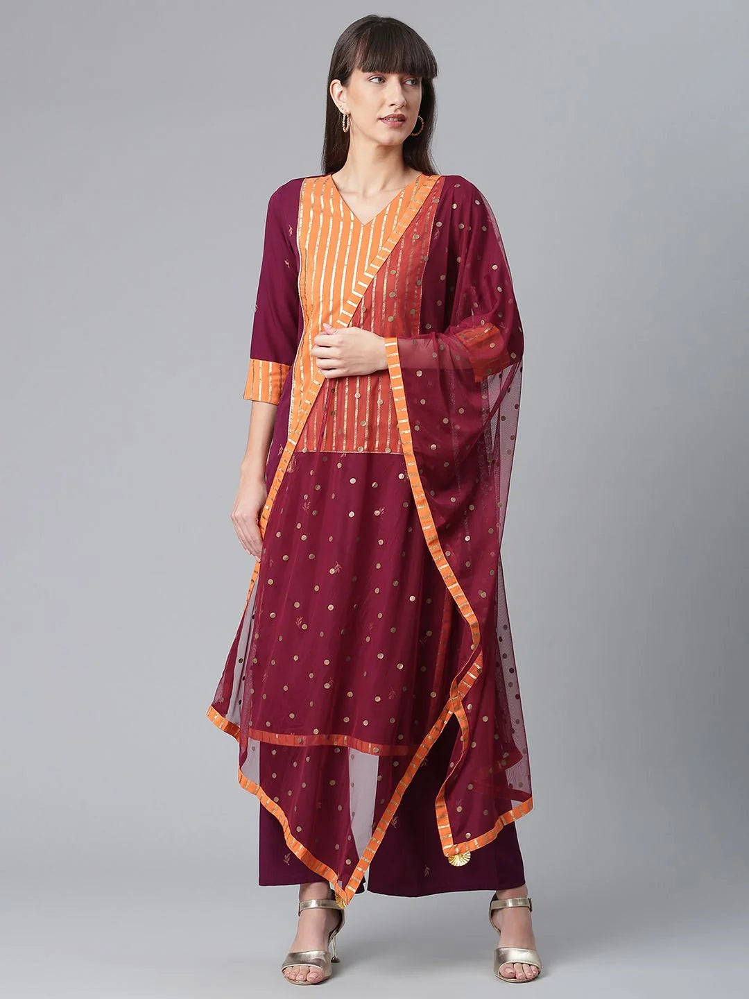 Wine & Orange Printed Kurta Palazzo Set With Dupatta