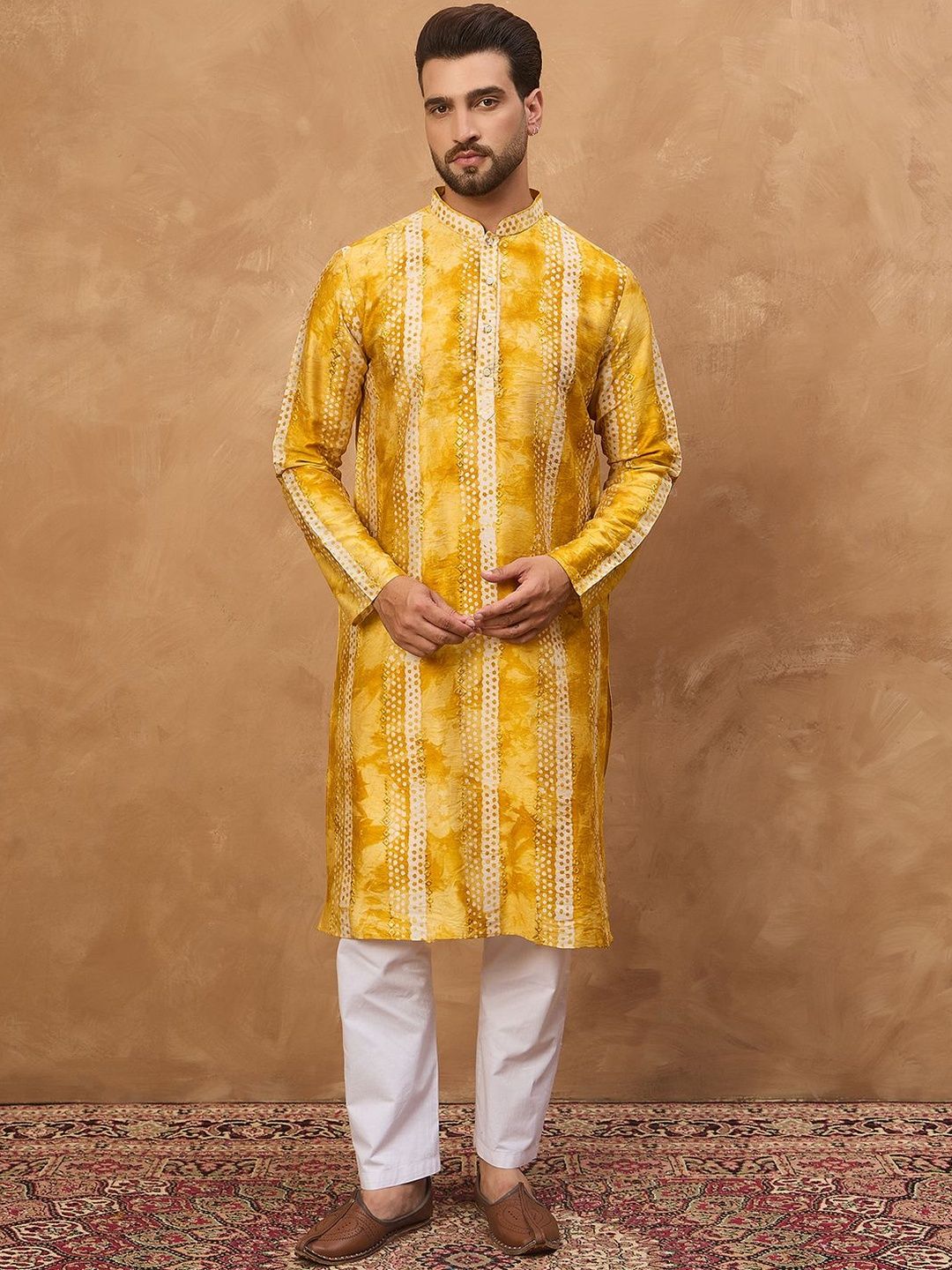 Ethnic Bay Men Yellow Silk Blend Shibori Embroidered Straight Kurta With Pant Set-MKSET1540