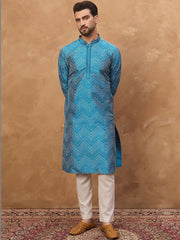 Ethnic Bay Men Blue Silk Blend Geometric Printed Straight Kurta With Pant Set-MKSET1531