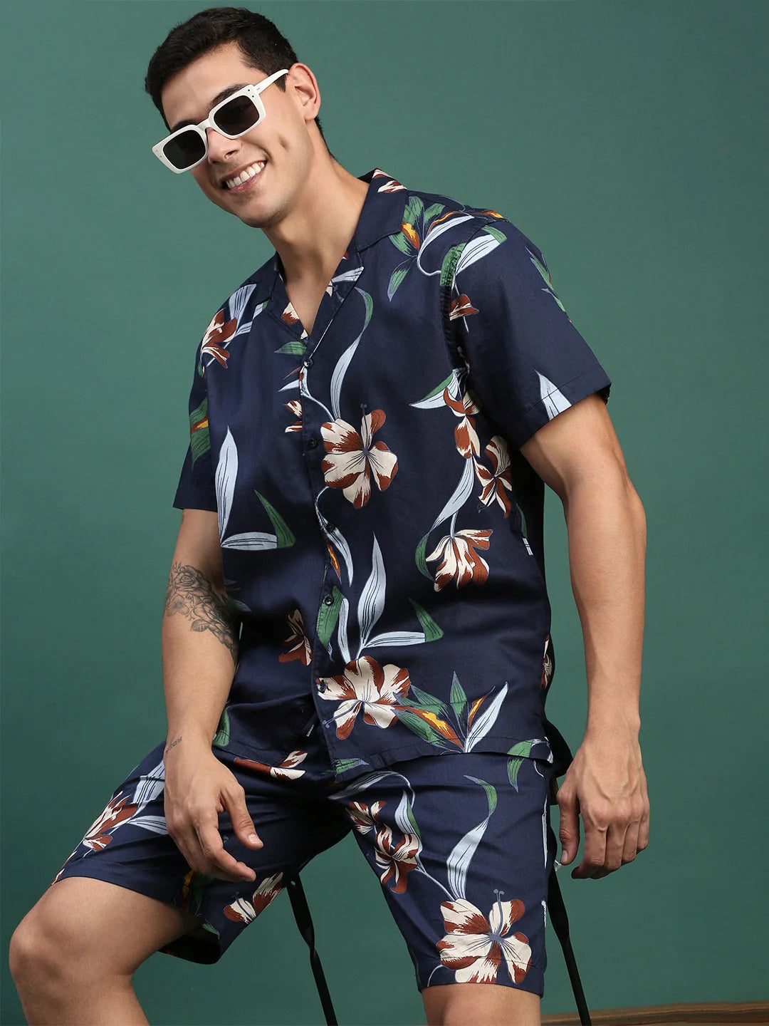 Men's Printed Casual Co Ord Set - Navy, Relaxed Fit