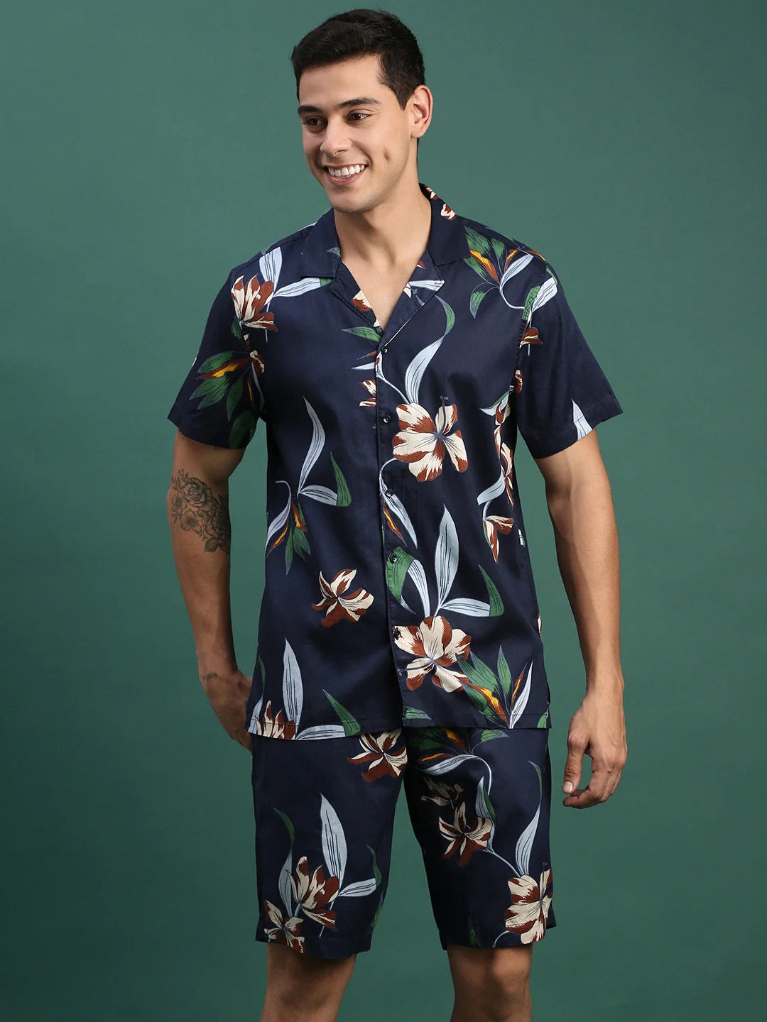 Men's Printed Casual Co Ord Set - Navy, Relaxed Fit