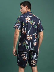 Men Printed Cuban Collar Navy Blue Relaxed Fit Co Ords Set-Lucas-3126-Navyblue