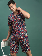 Men Printed Cuban Collar Navy Blue Relaxed Fit Co Ords Set-Lucas-3131-Navyblue