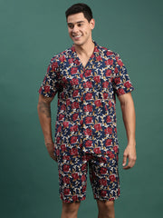 Men Printed Cuban Collar Navy Blue Relaxed Fit Co Ords Set-Lucas-3131-Navyblue