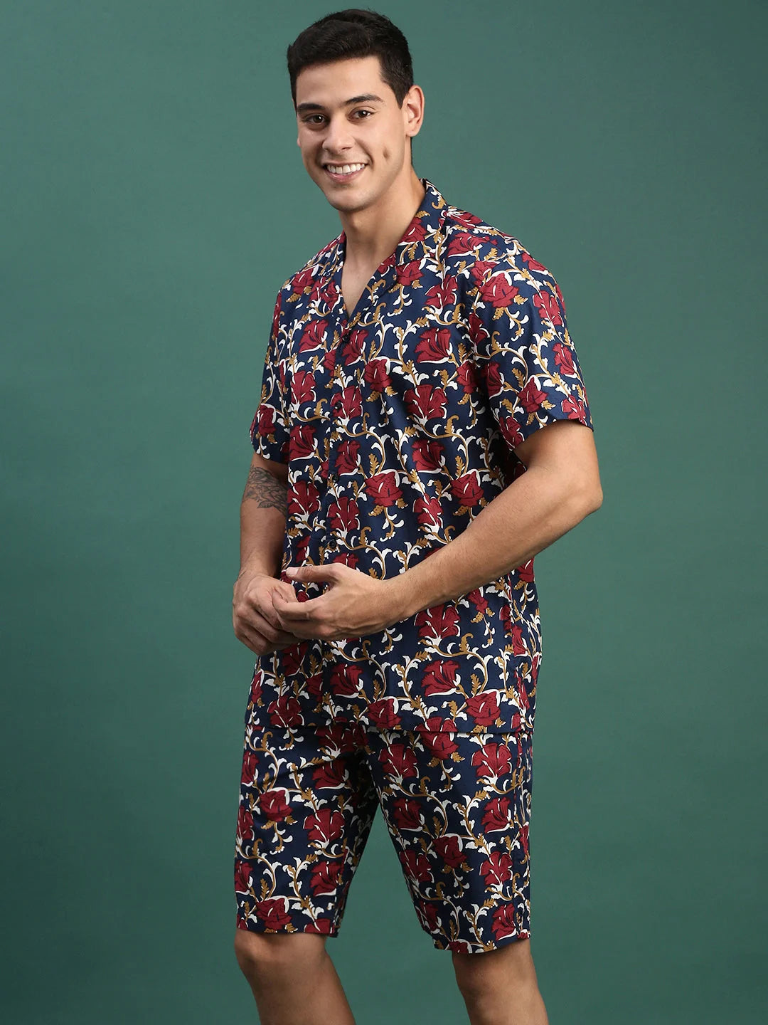 Men's Navy Printed Co Ord Set - Cuban Collar, Relaxed Fit