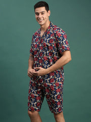 Men Printed Cuban Collar Navy Blue Relaxed Fit Co Ords Set-Lucas-3131-Navyblue