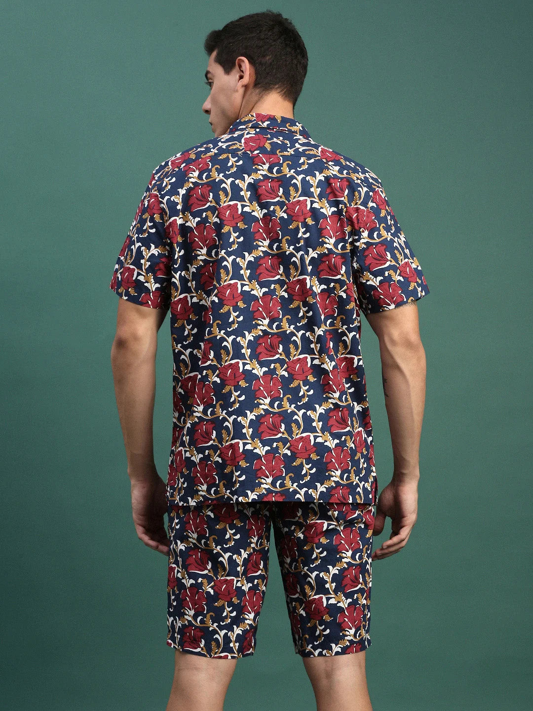 Men's Navy Printed Co Ord Set - Cuban Collar, Relaxed Fit