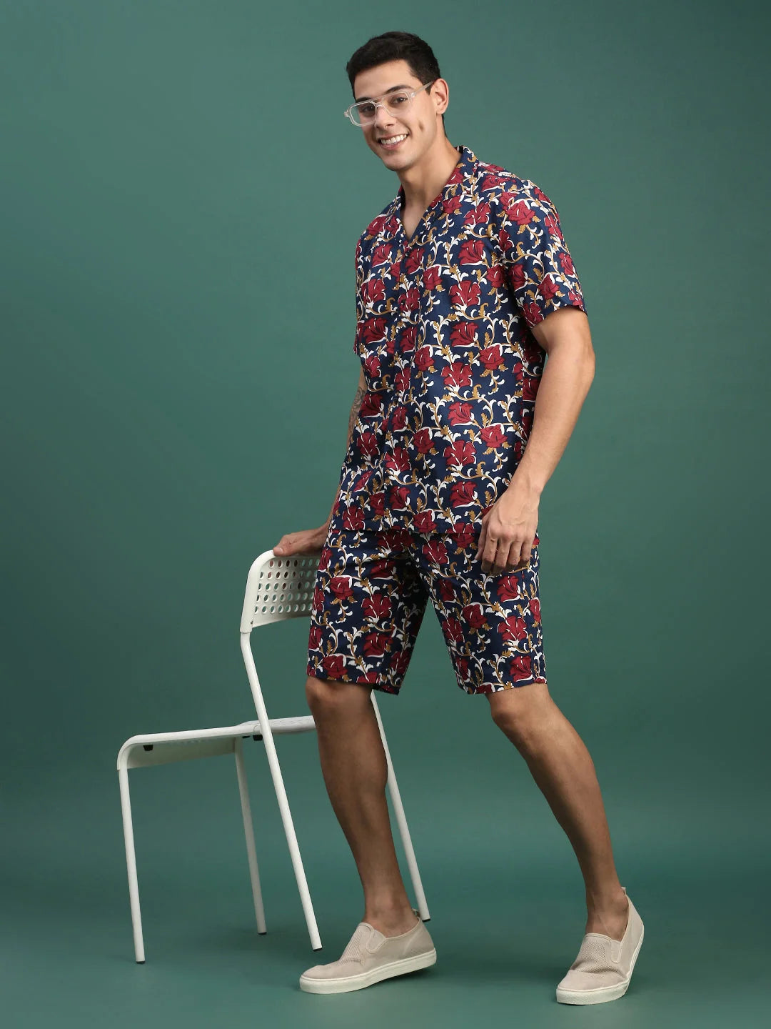 Men's Navy Printed Co Ord Set - Cuban Collar, Relaxed Fit