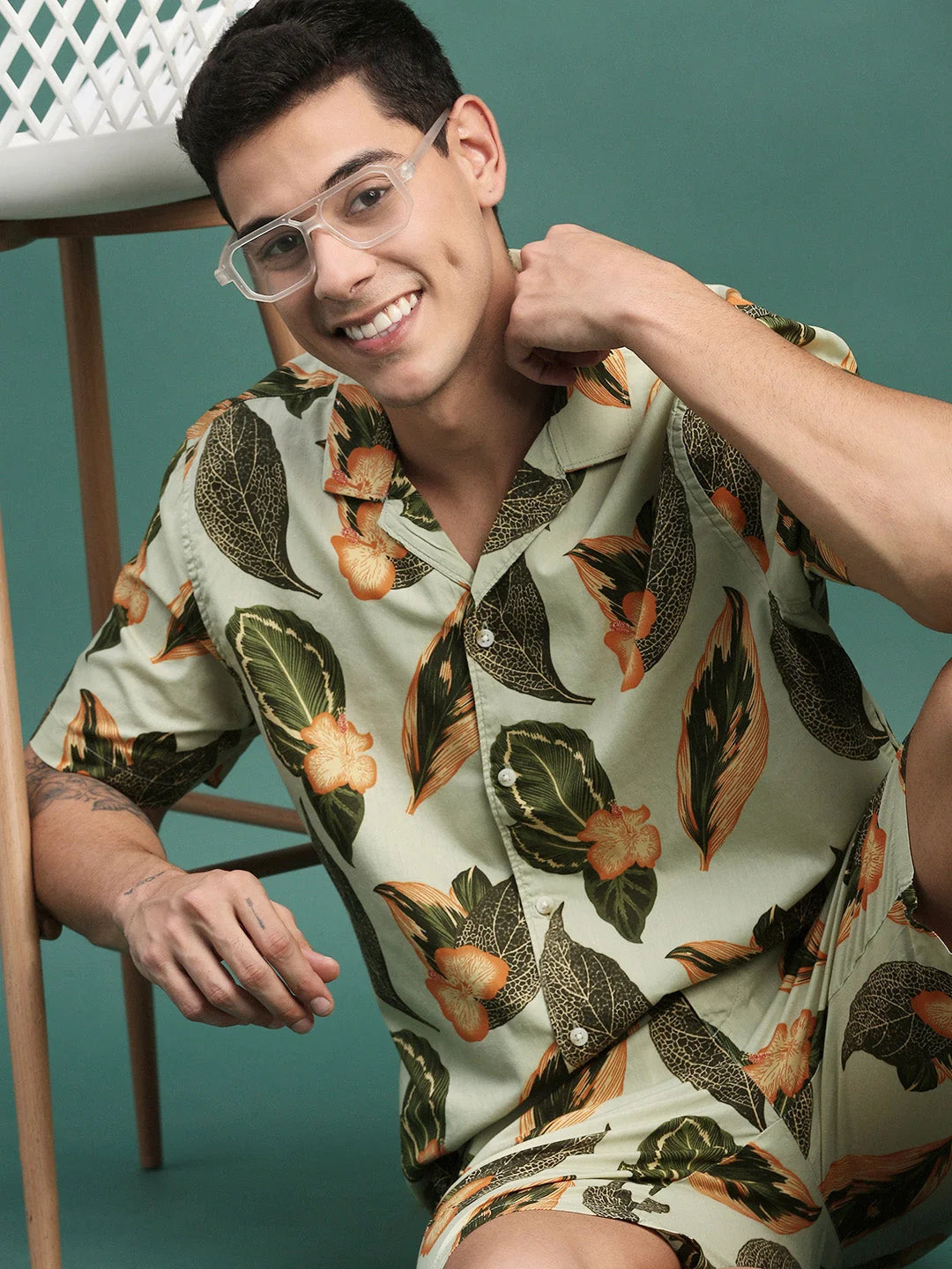 Green Printed Co Ord Set Men - Cuban Collar, Relaxed Fit