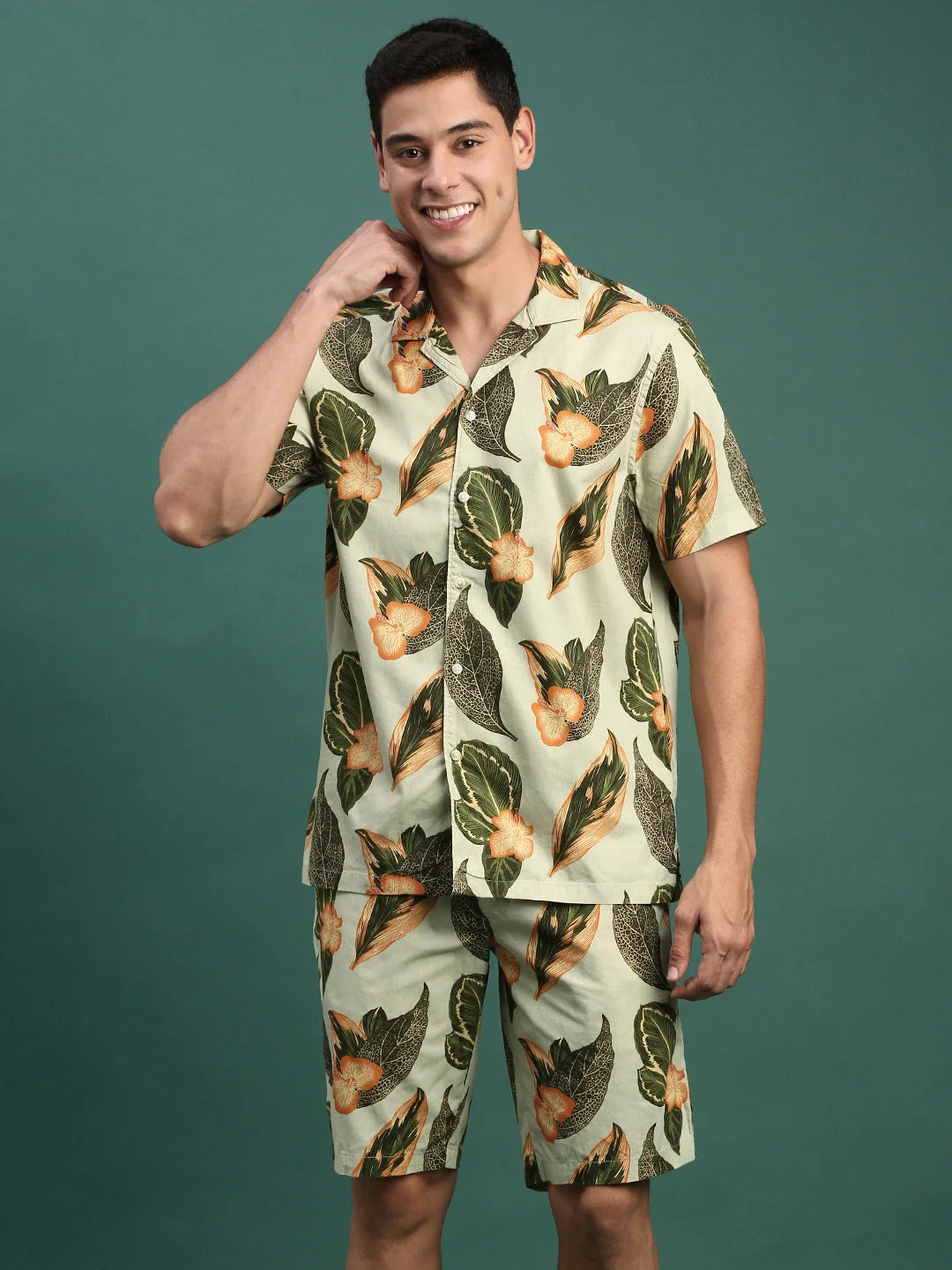 Green Printed Co Ord Set Men - Cuban Collar, Relaxed Fit