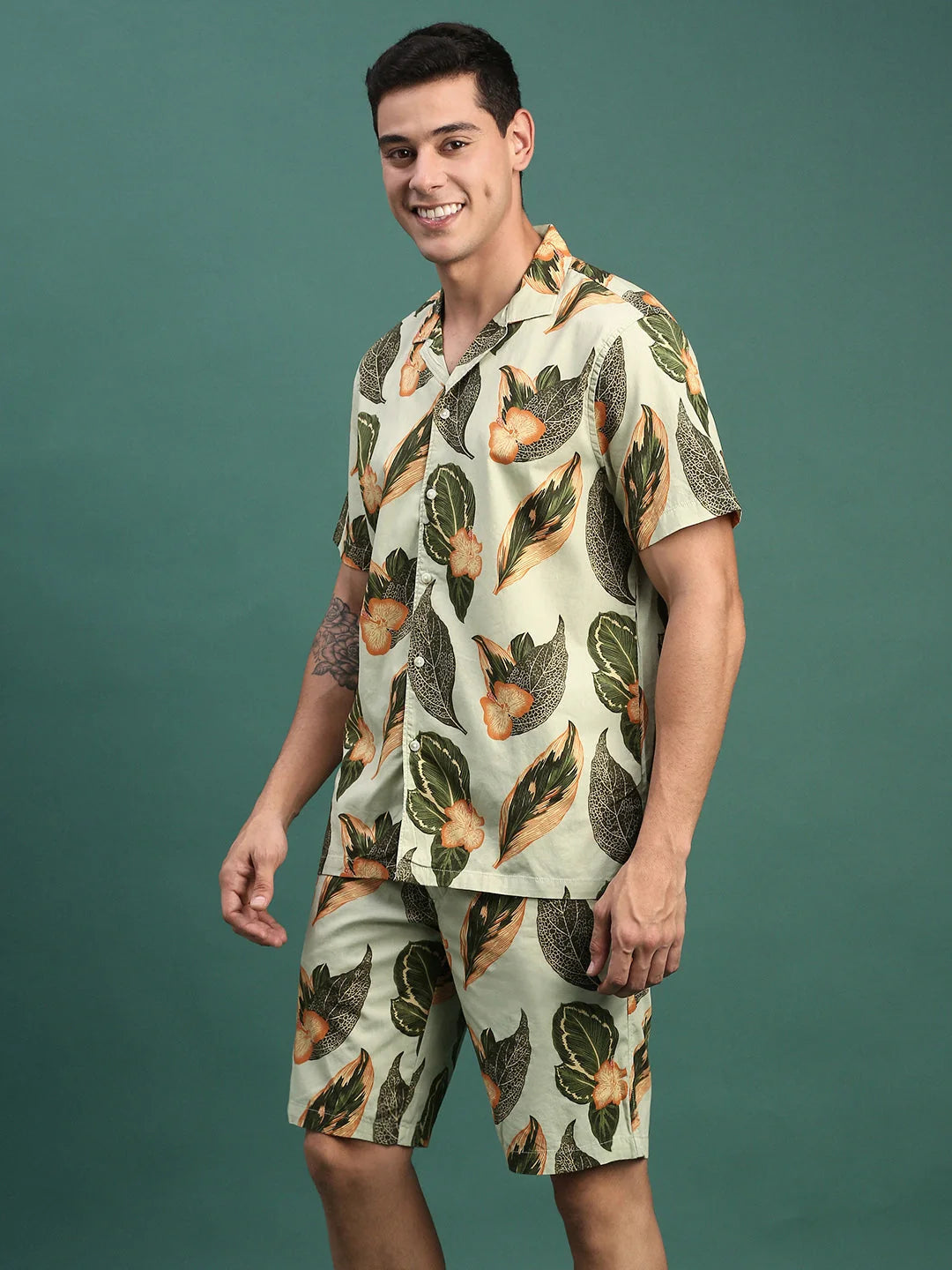 Green Printed Co Ord Set Men - Cuban Collar, Relaxed Fit