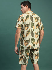 Men Printed Cuban Collar Green Relaxed Fit Co Ords Set-Lucas-3132-Green