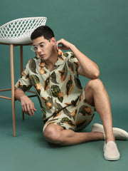 Men Printed Cuban Collar Green Relaxed Fit Co Ords Set-Lucas-3132-Green