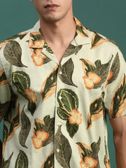 Men Printed Cuban Collar Green Relaxed Fit Co Ords Set-Lucas-3132-Green