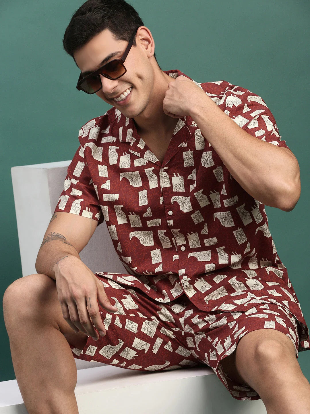 Maroon Printed Co Ord Set Men - Cuban Collar, | Latest Collection