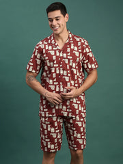 Men Printed Cuban Collar Maroon Relaxed Fit Co Ords Set-Lucas-3138-Maroon