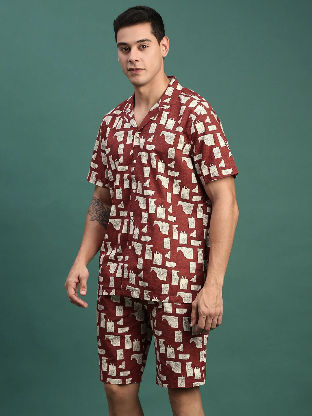 Maroon Printed Co Ord Set Men - Cuban Collar, | Latest Collection