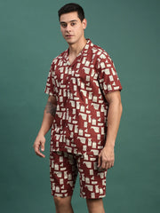Men Printed Cuban Collar Maroon Relaxed Fit Co Ords Set-Lucas-3138-Maroon