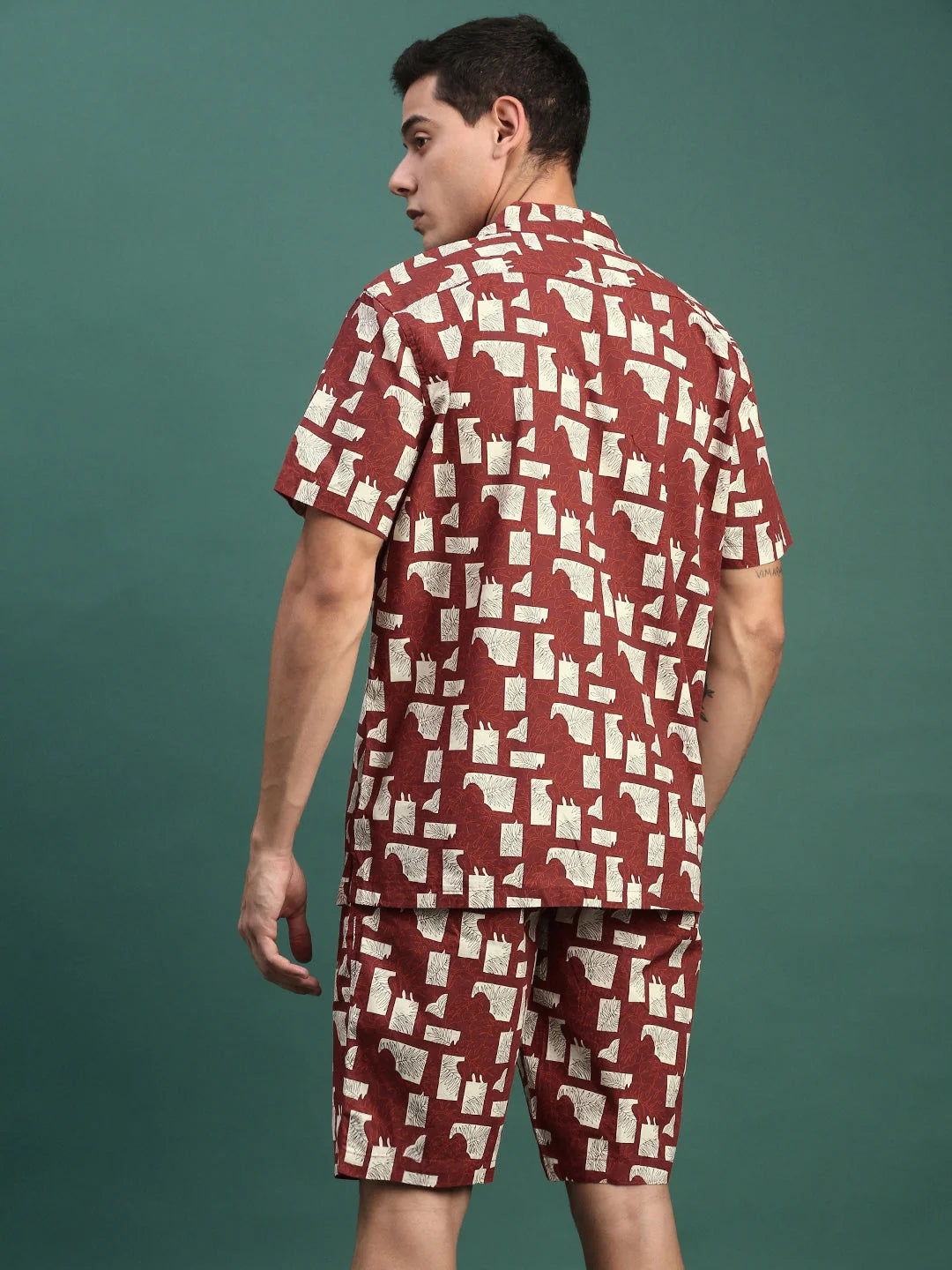 Maroon Printed Co Ord Set Men - Cuban Collar, | Latest Collection