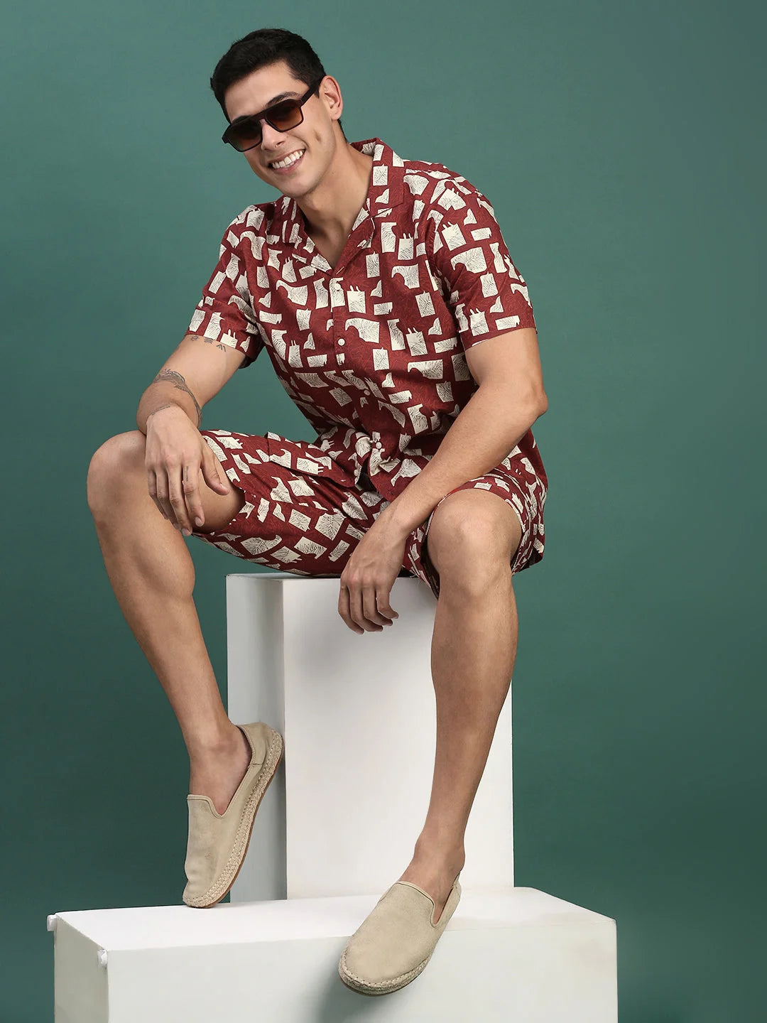 Maroon Printed Co Ord Set Men - Cuban Collar, | Latest Collection