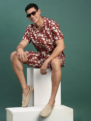 Men Printed Cuban Collar Maroon Relaxed Fit Co Ords Set-Lucas-3138-Maroon