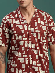 Men Printed Cuban Collar Maroon Relaxed Fit Co Ords Set-Lucas-3138-Maroon