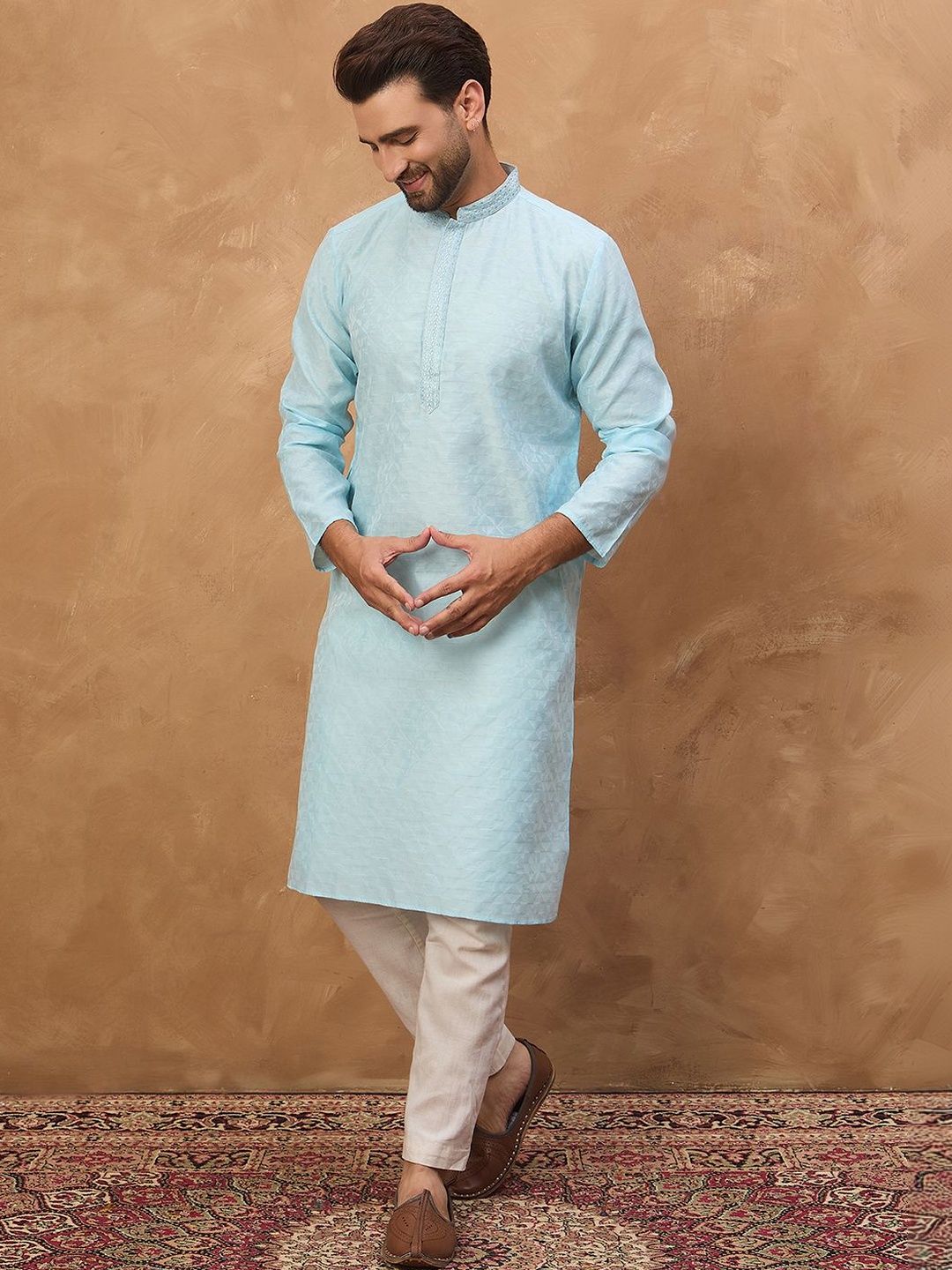 Ethnic Bay Men Blue Silk Blend Solid Embroidered Straight Kurta With Pant Set-MKSET1452