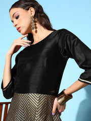 Black Poly Silk Gold Printed Jumpsuit-AHJSPSFP-952-FF