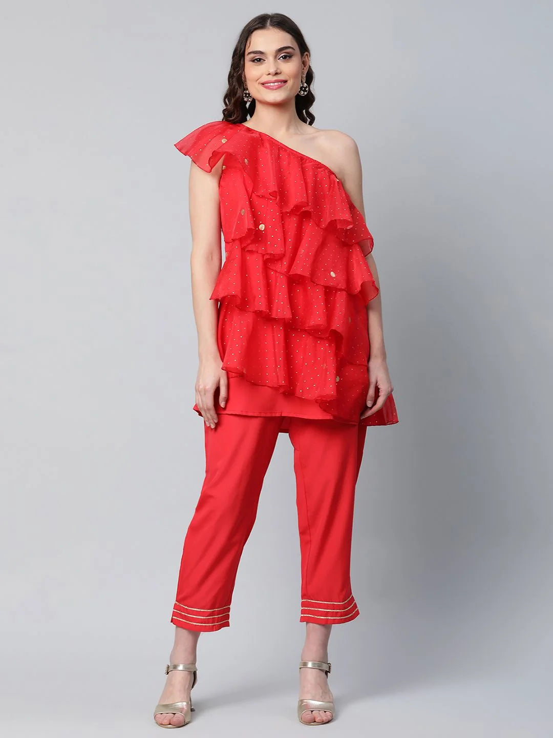 Red Printed Organza Top & Trousers Set | Co-ord Sets Women