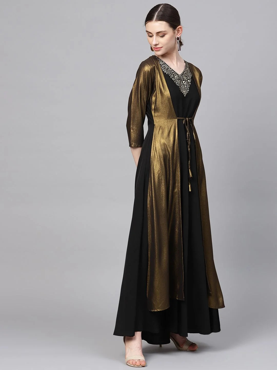 Black Printed Polyester Dress with Jacket | Indian Dresses