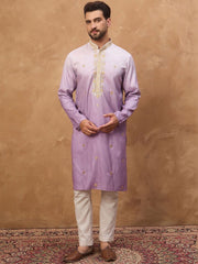 Ethnic Bay Men Purple Silk Blend Solid Embroidered Straight Kurta With Pant Set-MKSET1487