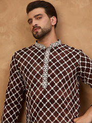 Ethnic Bay Men Brown Viscose Rayon Solid Embroidered Straight Kurta With Pant Set-MKSET1536