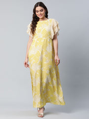 Lemon Yellow Crepe Floral Dress-AHDRCRDP-887