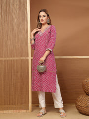 Stylum Women's Magenta Bandhej Printed & Embroidered Cotton Straight Kurta (MAGENTAGOPI)