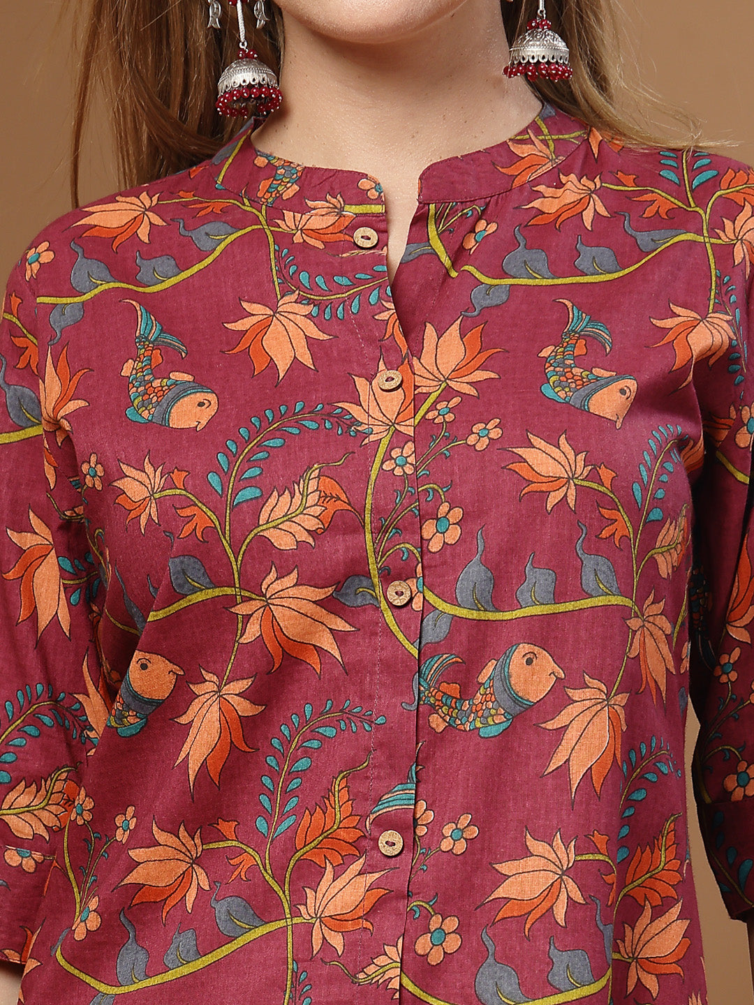 Women's Magenta Floral Printed Cotton A-Line Kurta (MAGENTATRIPURA) | 
