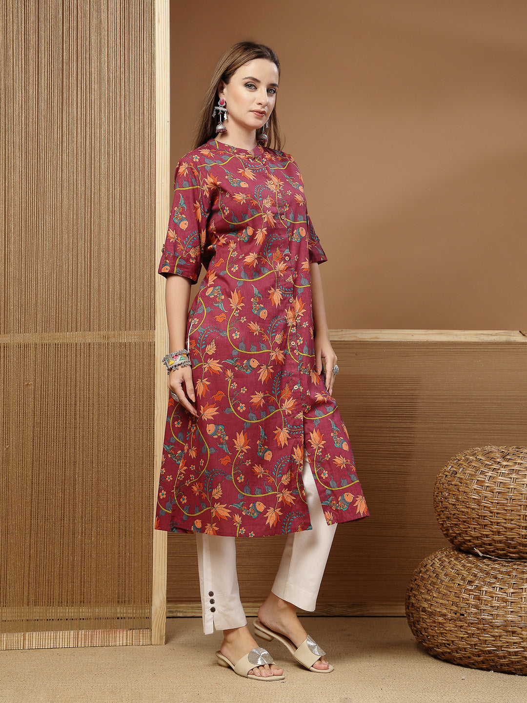 Women's Magenta Floral Printed Cotton A-Line Kurta (MAGENTATRIPURA) | 